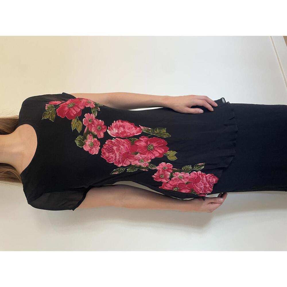 Vintage Tiered Black Mesh Lettuce Trim Floral Sparkly Maxi Dress